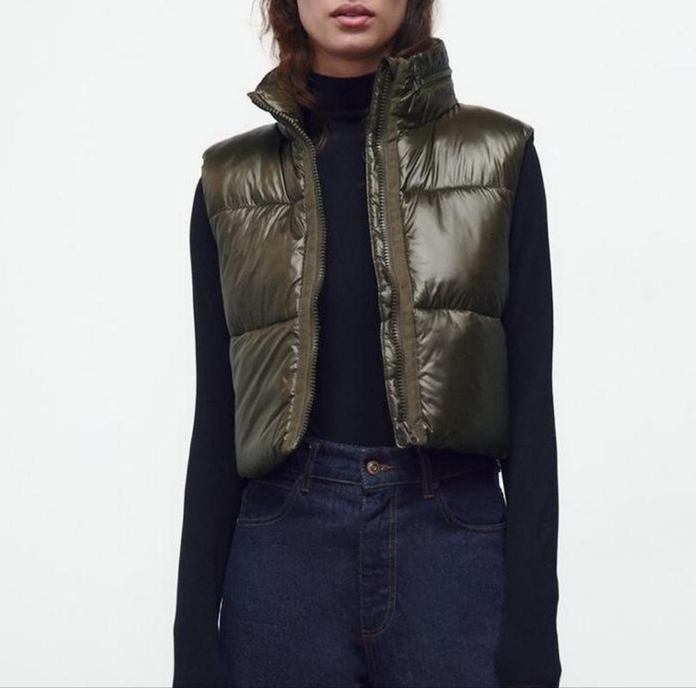 Zara Khaki Gilet Puffer Cropped Hooded Nylon Green Vest XS